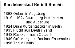 Text Box: Kurzlebenslauf Bertolt Brecht:

1898 Geburt in Augsburg
1919 - 1924 Dramaturg in Mnchen 
	und Augsburg
1924 Dramaturgenttigkeit in Berlin
1933 Flucht aus Deutschland
1948 Rckkehr nach Ostberlin
1949 Grndung des Berliner Ensembles
1956 Tod in Berlin

