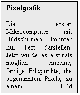 Text Box: Pixelgrafik

Die ersten Mikrocomputer mit Bildschirmen konnten nur Text darstellen. Jetzt wurde es erstmals mglich einzelne, farbige Bildpunkte, die sogenannten Pixels, zu einem Bild zusammenzusetzen.
